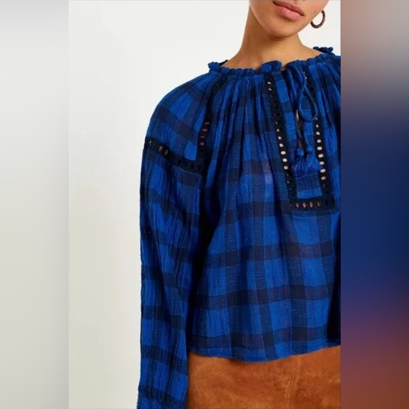 Free people Blue Plaid Peasant Blouse small - Picture 5 of 5